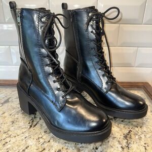MIA Gordy Black Leather Lace‑Up Combat Boots Zip Size 10 Block Heel NWOB * Flaw